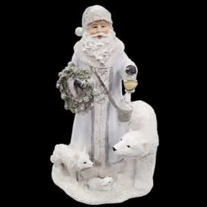 Holiday Santa Figurine with Arctic Animals White & Silver Table Decor, 8x11